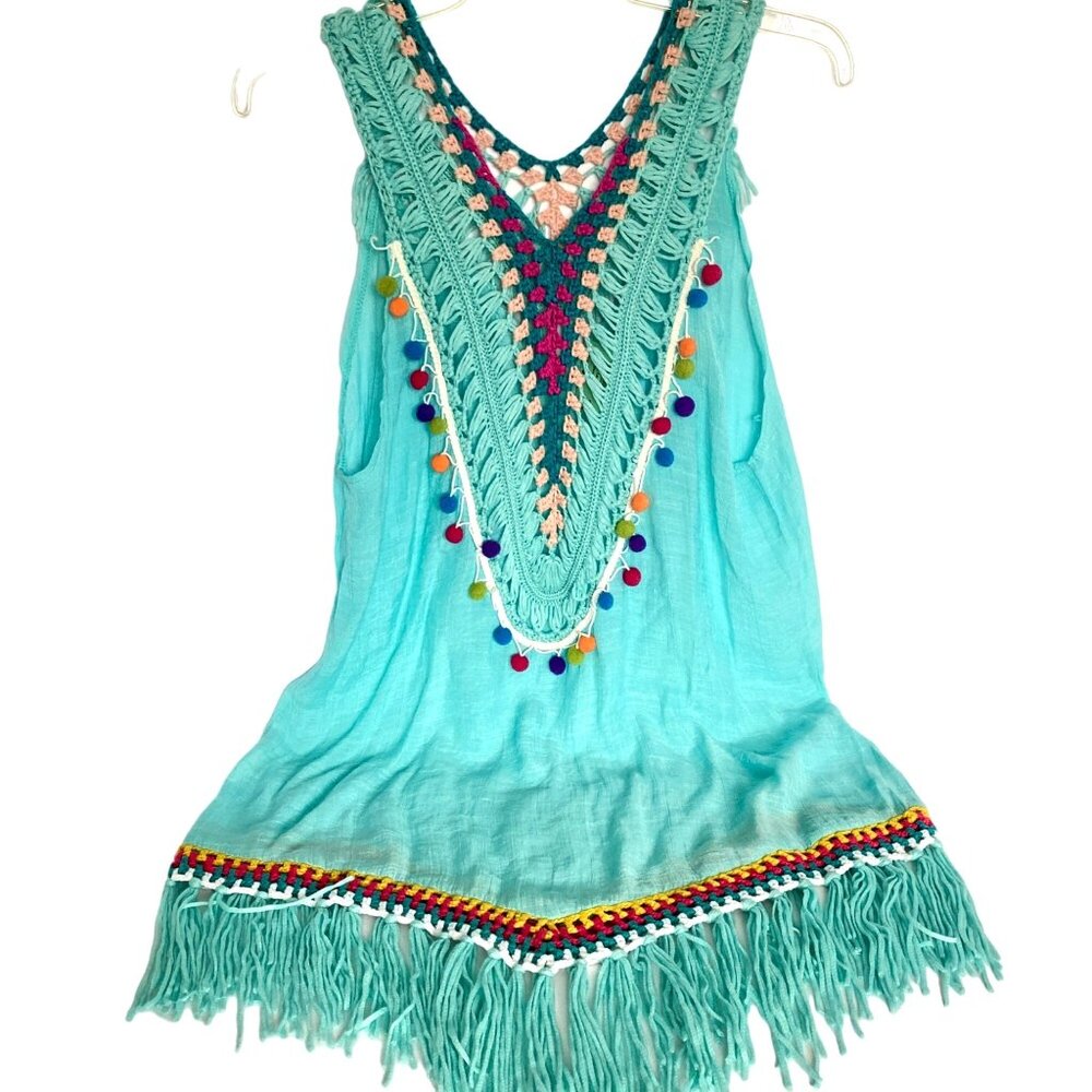 Ucho Bali Sarongs Turquoise Crochet Beach Cover Up With Multi Color Pop Poms